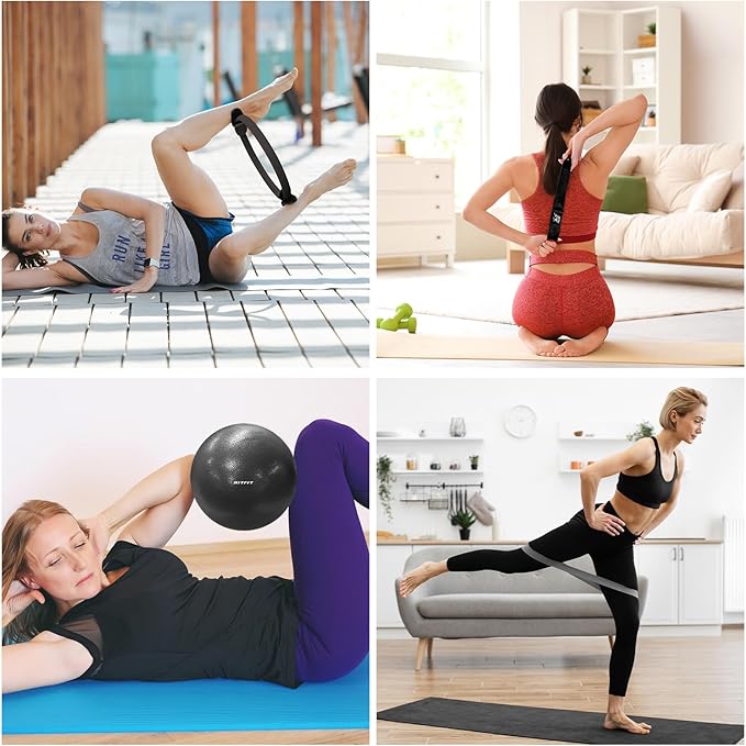 RitFit Pilates Kit - 14 Inch Pilates Ring Magic Circle with Pilates Ball, Resistance Bands & Yoga Strap, Pilates Equipment for Home Workout Toning Thighs, Arms and Core (Black/Pink)