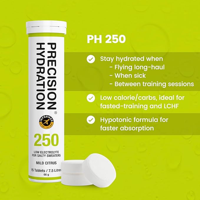 Precision Hydration Electrolyte Drink - Multi Strength Effervescent Hydration Tablets - Low Calorie, Gluten Free, Vegan/Vegetarian Friendly (12 Tubes, 250mg/L - Green Tube)