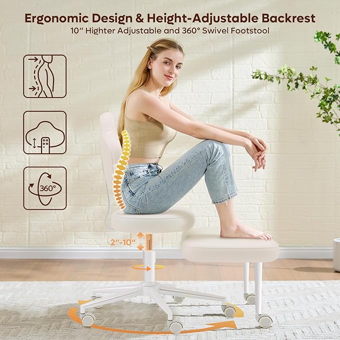 Cross Legged Office Chair with Wheels, Meditation Chair, ADHD Chair for Adults, Wider Height Adjustable Backrest and Seat, Yoga Office Chair, PU Leather, Beige