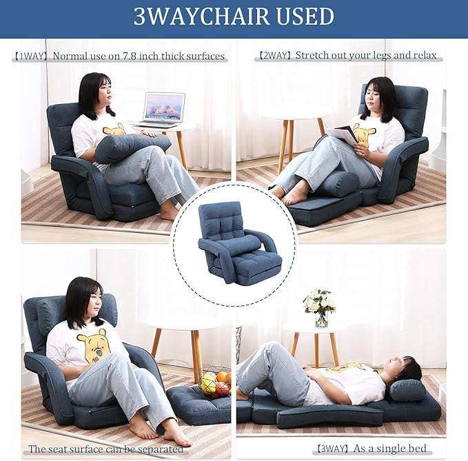 FLOGUOR 42-Position Adjustable Floor Chair, Chaise Lounge Indoor, Folding Lazy Sofa with Armrests and a Pillow Padded Adults Gaming Chairs for Living Room, Bedroom Factory Price, 8803XM (Blue)