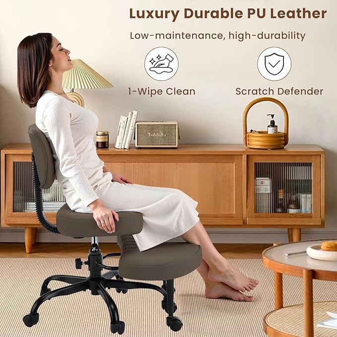 Cross Legged Office Chair with Wheels, Wide Criss Cross Kneeling Home Office Desk Chairs with Back Support, Ergonomic Adjustable Height ADHD Stool with Rotating Footrest for Yoga Meditation