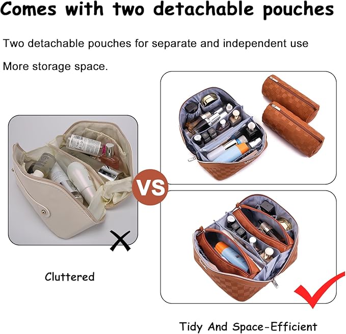BOYATU Travel Makeup Bag Organizer Cosmetic Bag: 3 Pcs Set Make up Bags for Women with Handle - Waterproof Vegan Leather Toiletry Bags Travel Essentials Pouch with Compartments (C-10-tan)
