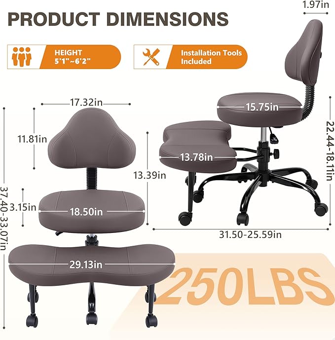 Cross Legged Office Chair, Criss Cross Desk Chair ADHD Meditation Kneeling Yoga Seat with Adjustable Height, Lumbar Support, Wider Footrest and Wheels (Dark Brown)