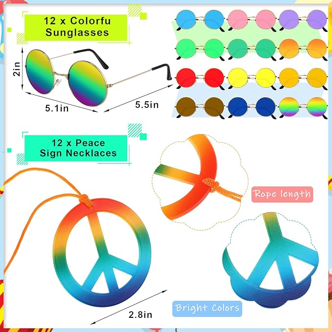 Kenning 36 Pcs Hippie Costume Accessory Set 60s 70s Peace Necklaces Sunflower Headband for Women Retro Round Sunglasses Bandana Headband for Men Hippie Dressing for Carnival Party Supplies (Classic)