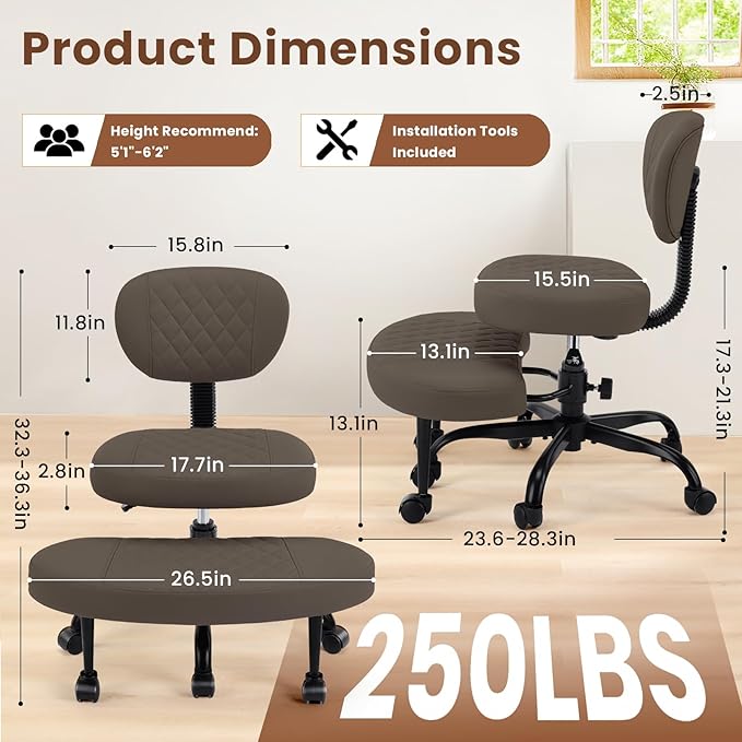 Cross Legged Office Chair with Wheels, Wide Criss Cross Kneeling Home Office Desk Chairs with Back Support, Ergonomic Adjustable Height ADHD Stool with Rotating Footrest for Yoga Meditation