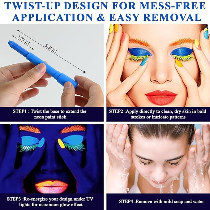 Glow in the Dark Paint, Non-Toxic Neon Face Paint, Washable Black Light Paint, Face Paint Markers for Halloween, Cosplay, Party, Compact UV Body Paint 12 PCS