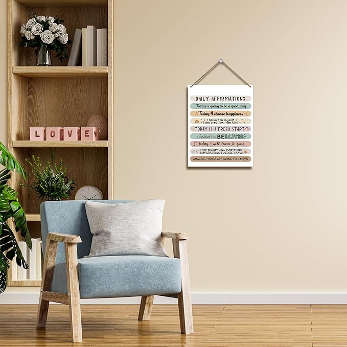 Hanging Plaque With Rope, Home Wall Decor Wood Daily Affirmations Sign, Door Decor Mental Health Wood Sign for Study Dining Room Psychological Counseling Office Bedroom, Farmhouse Art Plaque Gift -24