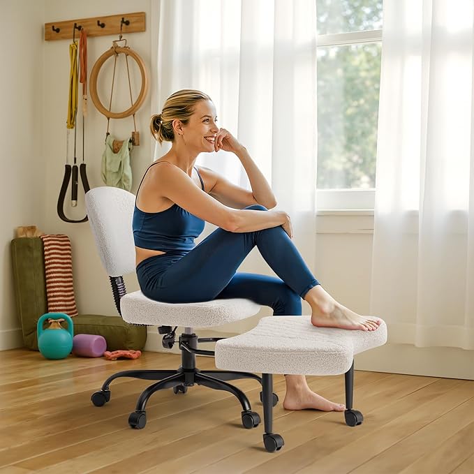 Furmax Ergonomic Criss Cross Legged Office Chair with Wheels, 360°Swivel Adjustable Height Kneeling Desk Chair with Footrest for ADHD, Yoga, Meditation, Home Office (Teddy Fabric, White)