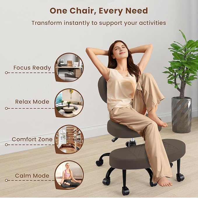 Cross Legged Office Chair with Wheels, Wide Criss Cross Kneeling Home Office Desk Chairs with Back Support, Ergonomic Adjustable Height ADHD Stool with Rotating Footrest for Yoga Meditation