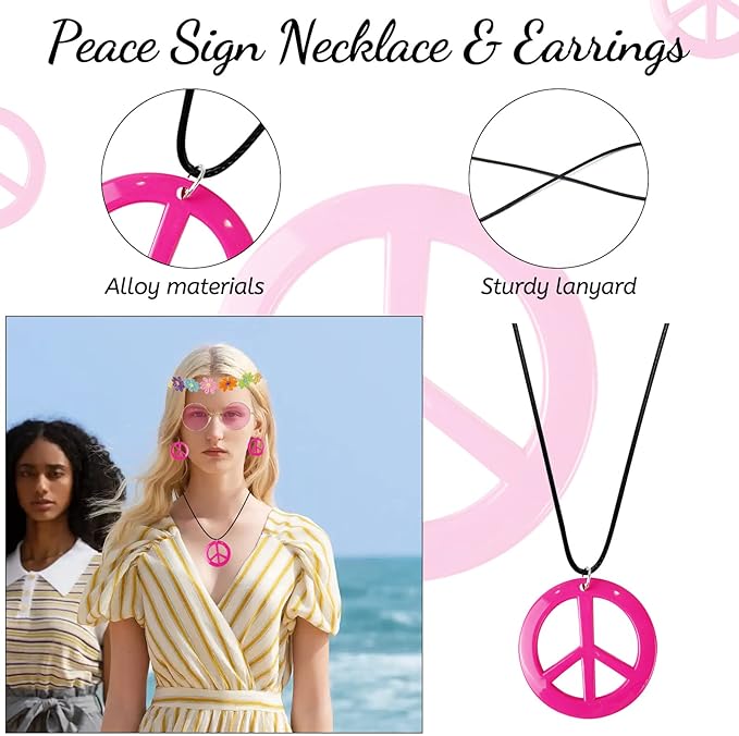 HyperFun Hippie Costume Set Includes Peace Sign Necklace and Earrings, Flower Crown Headband and Colored Hippie Sunglasses