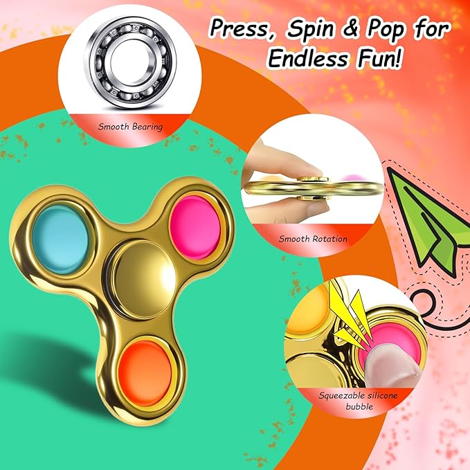 FIGROL 3 Pack Pop Fidget Spinner, Push Pop Bubble Fidget Spinner, Simple Sensory Fidget Toys Metal-Looking Plastic Hand Spinner - Stress Reduction and Anxiety Relief for Children