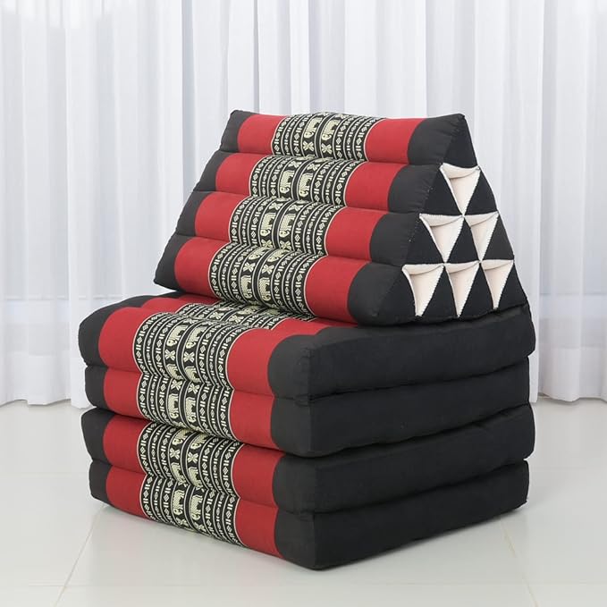 Leewadee Comfortable Japanese Floor Mattress - Thai Floor Bed with Triangle Cushion - Futon Mattress - XL Extra Long Thai Massage Mat, 89 x 20 inches, Black Red, Kapok Filling