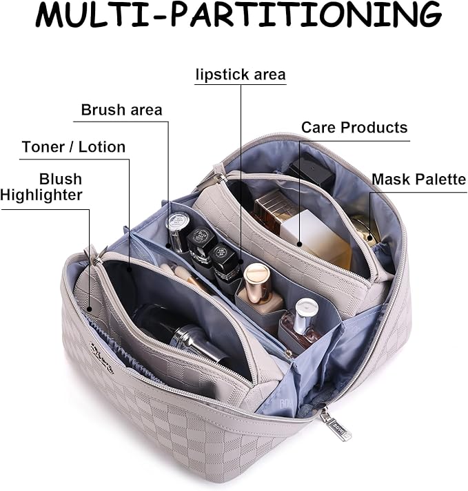 BOYATU Travel Makeup Bag Organizer Cosmetic Bag: 3 Pcs Set Make up Bags for Women with Handle - Waterproof Vegan Leather Toiletry Bags Travel Essentials Pouch with Compartments (C-13-Gray)