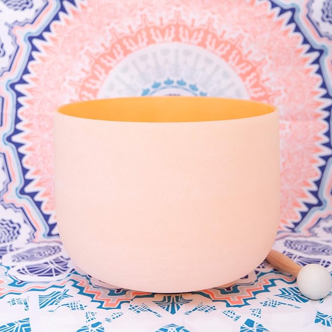 ENERGYSOUND 432Hz Perfect Pitch D Sacral Chakra Orange Colored Frosted Quartz Crystal Singing Bowl 10 inch mallet & o-ring included