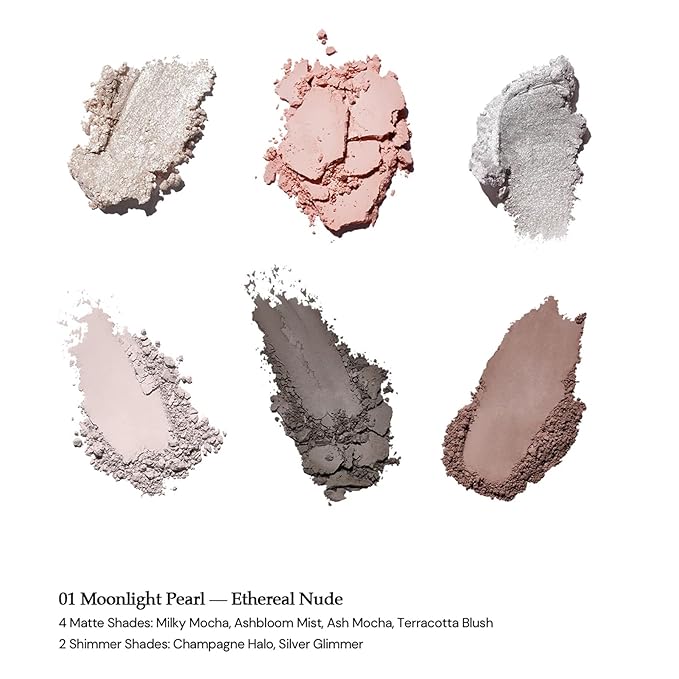 Flower Knows Shell's Jewel 6-Color Makeup Palette,Blendable Eyeshadow with 4 Matte & 2 Shimmer Finish,High-Pigment & Long Lasting Formula,Ethereal Nude(01 Moonlight Pearl)