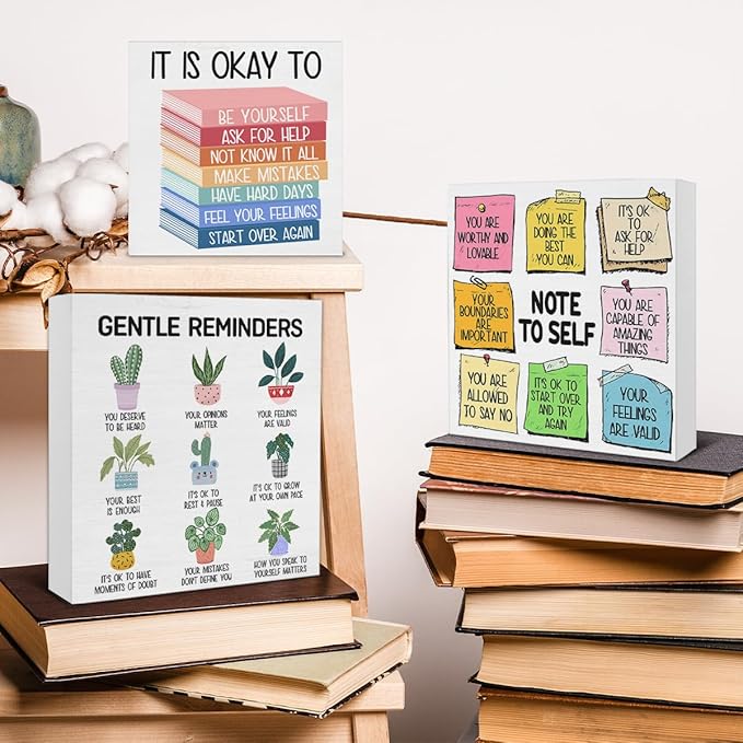 3 Pcs Mental Health Wood Signs Decor Psychology Wood Block Signs Gentle Reminders Note to Self It Is Okay to Be Yourself Wooden Box Signs Classroom Therapy Office Decorations