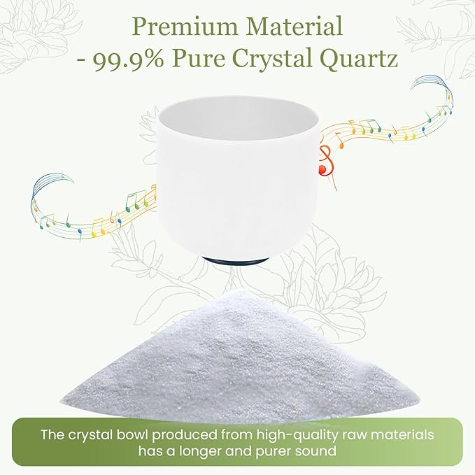 432HZ 8 Inchs Frosted Crystal Singing Bowl Set for Meditation Healing Yoga Chakra Quartz Crystal Sound Bowls with Heavy Duty Carry Case and Rubber Mallet,Suede Striker,O-rings