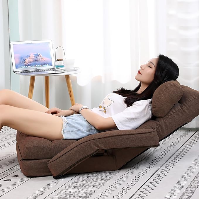 FLOGUOR 42-Position Adjustable Floor Chair, Chaise Lounge Indoor, Folding Lazy Sofa with Armrests and a Pillow Padded Adults Gaming Chairs for Living Room, Bedroom Factory Price, 8803XM (Brown)
