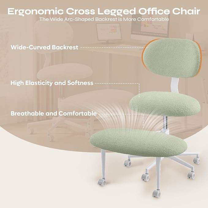 Ergonomic Cross Legged Office Chair with Wheels, ADHD Chair for Adults, Meditation Chair, Yoga Office Chair, Comfortable Back Support, Height Adjustable,Small Spaces, Teddy Fabric, Green