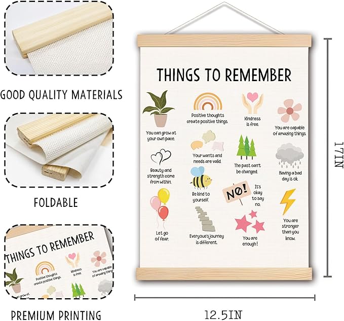 DNEULYR Mental Health Wall Decor, Things to Remember Wall Art With Wooden Poster Hanger, Mental Health Posters Wall Decor for Counselor Therapy Office Classroom Kids Room, 12x16 Inches Set of 2