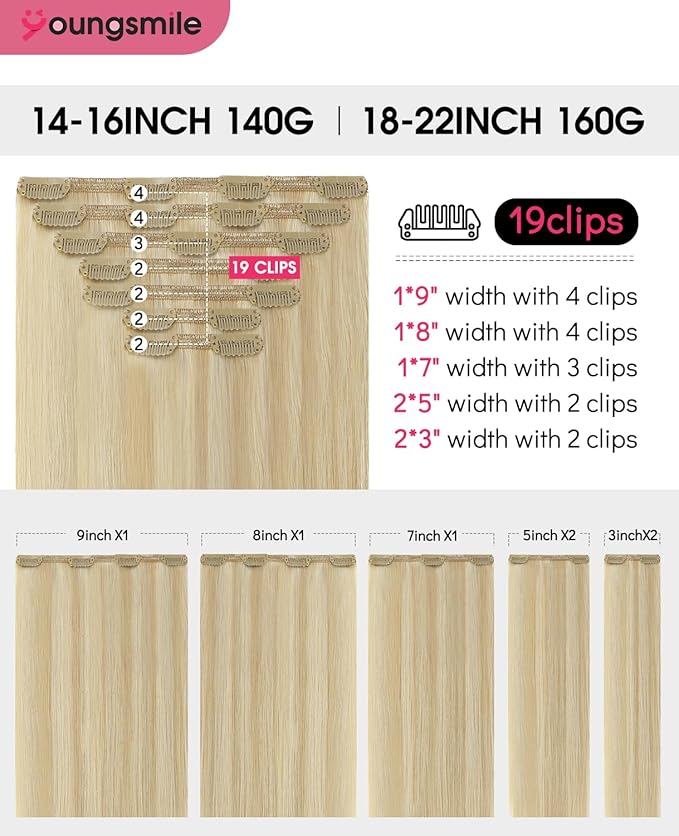 Youngsmile Clip-In Human Hair Extensions Silk Straight, 27 Caramel Blonde with 60 Platinum Blonde Hair Extension Clip in for Women,Double Drawn,22 Inch 160 Grams 7Pcs (7C#27P60-22inch)