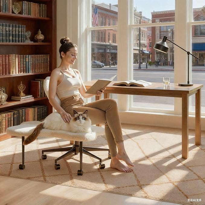 Ergonomic Cross Legged Chair, 360° Swivel Meditation Chair with Wheels, Height Adjustable Seat for ADHD, Strong Lumbar Support, Chic Home Office Furniture, Teddy Fabric, Off White