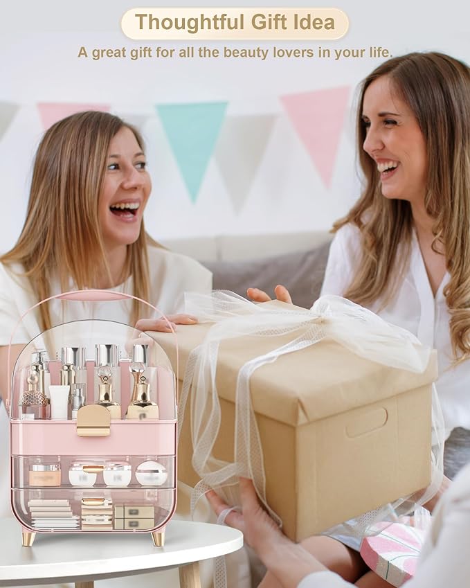 Makeup Organizer with Lipstick Holder, Skincare Organizers Storage Box Cosmetic Display Cases, Teen Girl Gifts Make up Organizers for Vanity, Dresser, Countertop, Bathroom(Pink)