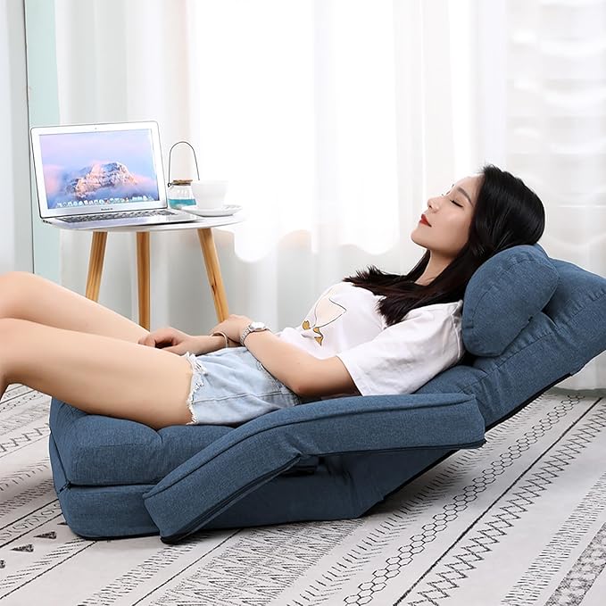 FLOGUOR 42-Position Adjustable Floor Chair, Chaise Lounge Indoor, Folding Lazy Sofa with Armrests and a Pillow Padded Adults Gaming Chairs for Living Room, Bedroom Factory Price, 8803XM (Blue)