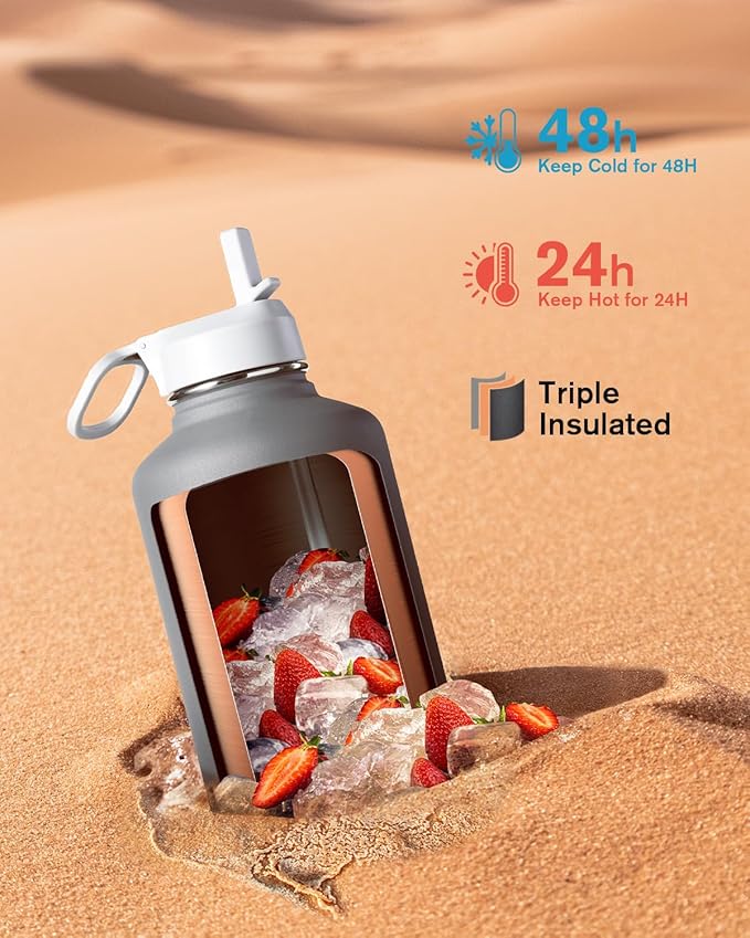 Half Gallon Water Bottle Insulated with Straw & 3 Lids, Coolflask 64 oz Water Jug Large Metal Stainless Steel Wide Mouth for Sports, Gym or Office, Non-BPA Keep Cold 48H Hot 24H, Dark Grey