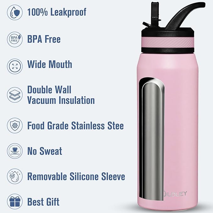 OLDLEY 24 oz Insulated Water Bottle With Straw, Stainless Steel Sports Water Cup Flask with 3 Lids(Straw, Spout and Handle Lid) Double Walled Travel Thermal Canteen Mug,Lavender Mist