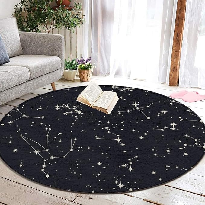 Large Home Decor Mat, Soft Round Yoga Carpet, Non-Slip Machine Washable Kitchen Office Circle Rug Compatible with Zodiac Constellation Galaxy Black Starry Night Stars Glow Dark Midnight