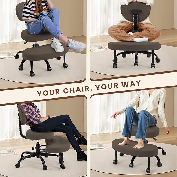 Cross Legged Office Chair with Wheels, Wide Criss Cross Kneeling Home Office Desk Chairs with Back Support, Ergonomic Adjustable Height ADHD Stool with Rotating Footrest for Yoga Meditation
