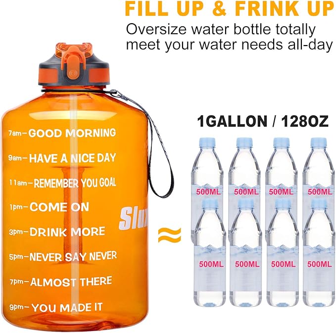 1 Gallon Motivational Sports Water Bottle with Time Marker, BPA Free 128oz Leak Proof Jug, Black, Plastic, 128 ounces, Fitness, Sports, Outdoor Activities