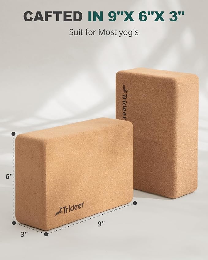 Trideer Cork Yoga Blocks, 2 Pack Natural Cork Blocks, High Density with Non Slip Surface, Eco-Friendly Accessories and Ideal for Yoga, Pilates, Stretching