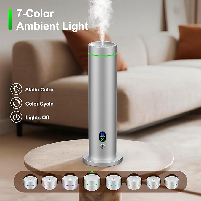 Waterless Diffuser, 1000 Sq.Ft Coverage, Essential Oil Diffuser with Tilt-Safe, Remote Control, Adjustable Mist Mode, Mood Lights Aromatherapy Diffuser for Home, Large Room, Office, Hotel, Silver