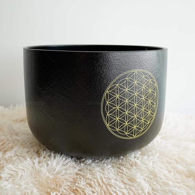 10 inch C Note Life of Flower Black Crystal Singing Bowl Root Chakra Meditation Sound Healing with Durable Carrying Case Suede Mallet Striker O-ring
