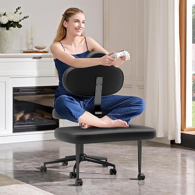 Cross Legged Office Chair with Wheels, Meditation Chair, ADHD Chair for Adults, Wider Height Adjustable Backrest and Seat, Yoga Office Chair, PU Leather, Black