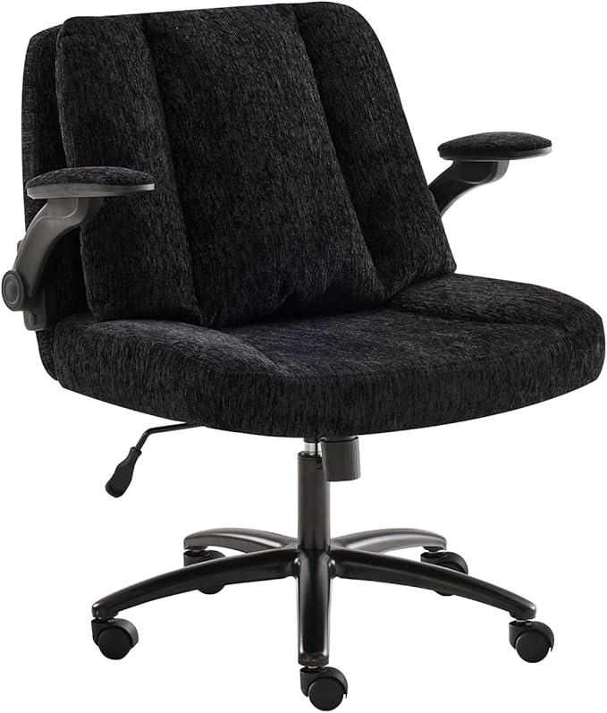 Criss Cross Chair with Arms, Plus Size Cross Legged Desk Chair with Flexible Back Cushion, Adjustable Arm Rest, Extra Wide Seat, 350lbs Fabric Home Office Chair with Castors and Bell Glides, Black