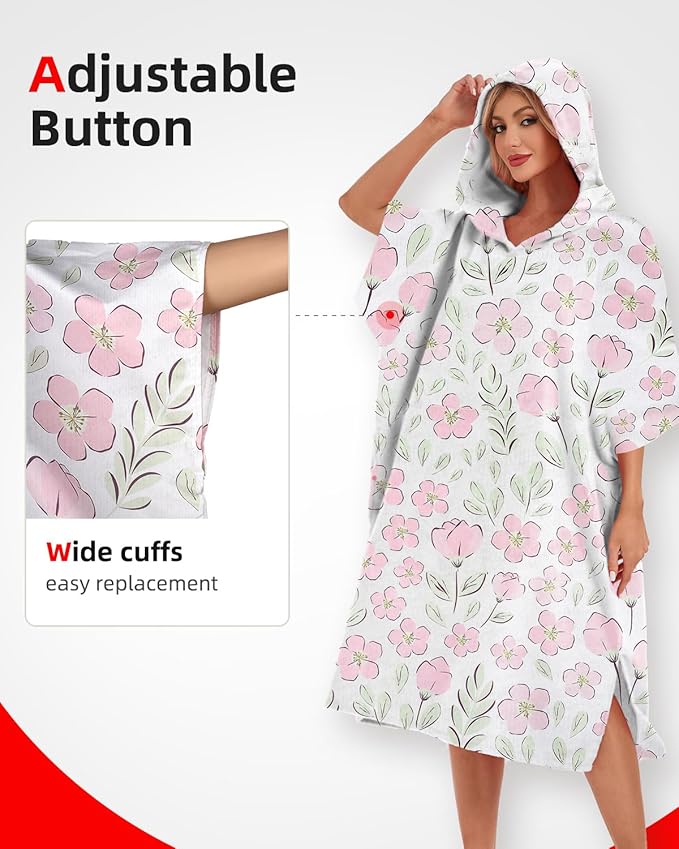 Abahub Surf Poncho Men & Women Towel Poncho Adult with Hood, Thick Quick Dry Changing Poncho Towel, Microfiber Wearable Cover Up for Surfing Beach Swim - Absorbent Changing Towel L (Pink Flower)