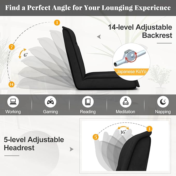 COSTWAY Folding Floor Chair, Convertible Lazy Sofa with 14-Poistion Adjustable Backrest, 5-Position Adjustable Headrest, Cushioned Floor Gaming Chair for Adults, Reading, Meditating (Black)
