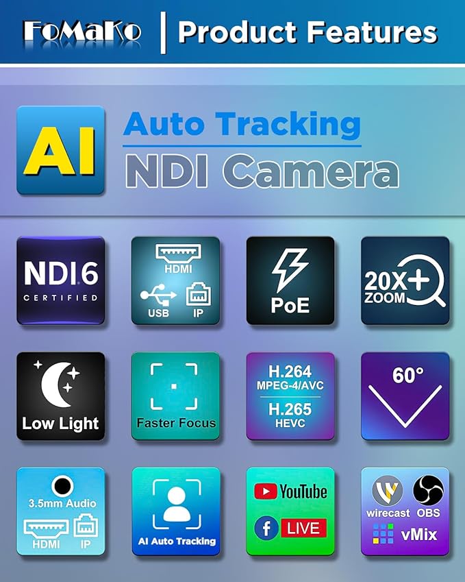 FoMaKo NDI PTZ Camera, AI Auto-Tracking Gen 3, 20x Optical Zoom HDMI PTZ Camera for Church Worship Education Events (NDI 6 & NDI HX3 Certified)(KN20A Pro Black)
