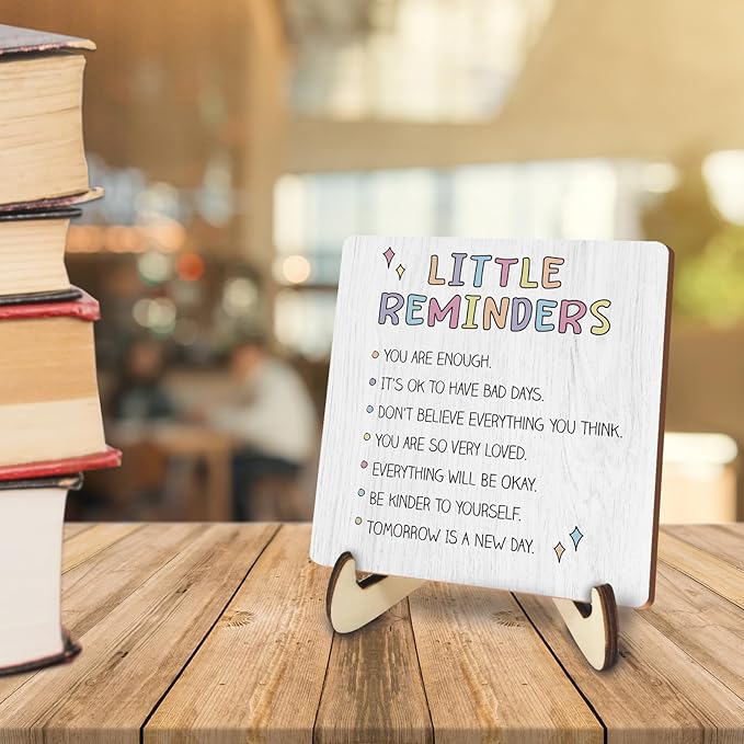 Decorative Desk Decor Motivational Mental Health Affirmations Positive Plaque with Wooden Stand Inspirational Wood Sign for Home Office Homeschool Classroom Reading Corner Table Bookshelf