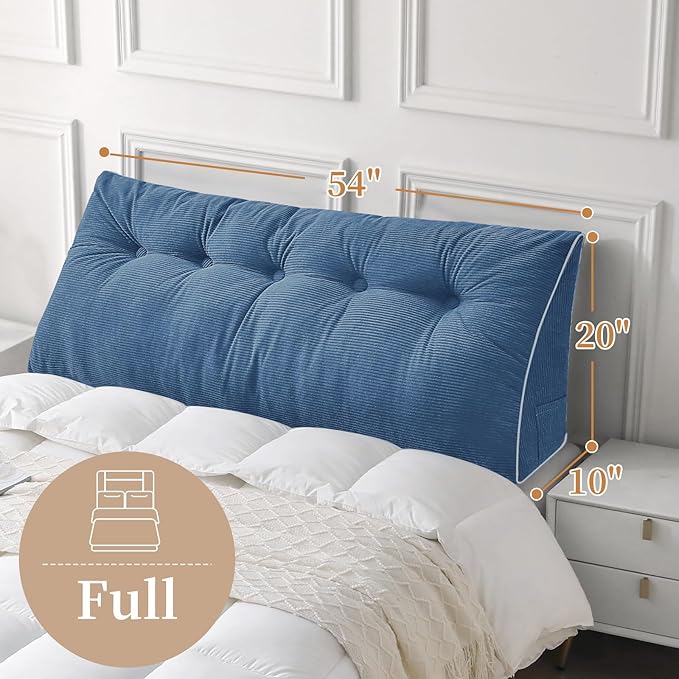 Sasttie Headboard Pillow Full, Wedge Pillow Headboard for Sitting Up in Bed, Back-Rest Support Triangular Cushion for Reading - Features Removable Washable Cover, Blue