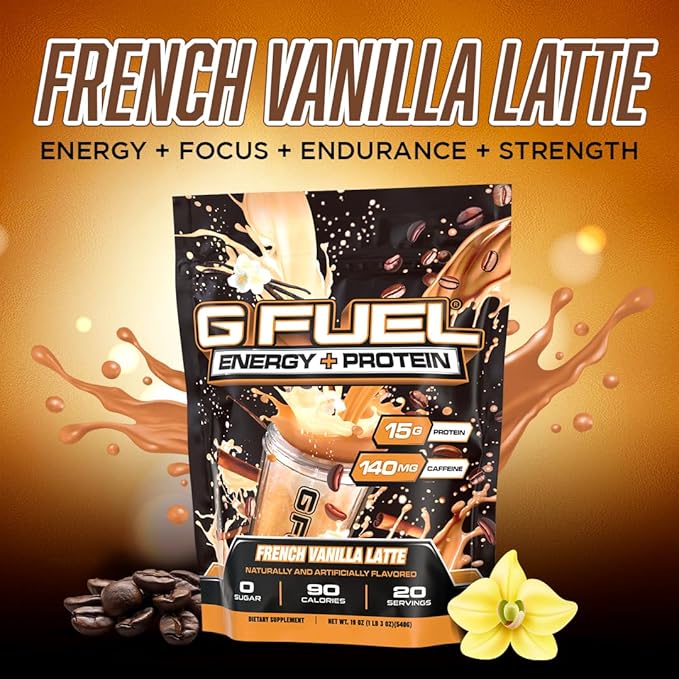 G Fuel Protein + Energy Drink Powder, Pre Workout Caffeine Mix for Gaming, Sugar Free Focus Amino, Vitamin + Antioxidants, 19oz (French Vanilla Latte, 20 Servings)