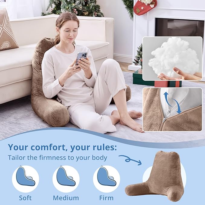 Sasttie 25-inch Reading Pillows for Sitting in Bed Adult, Jumbo Velvet Back Pillow Bed Sitting Up, XL High Back-Rest Support Cushion for Sit Up on Couch & Floor, Oeko-Tex Certified, Light Brown