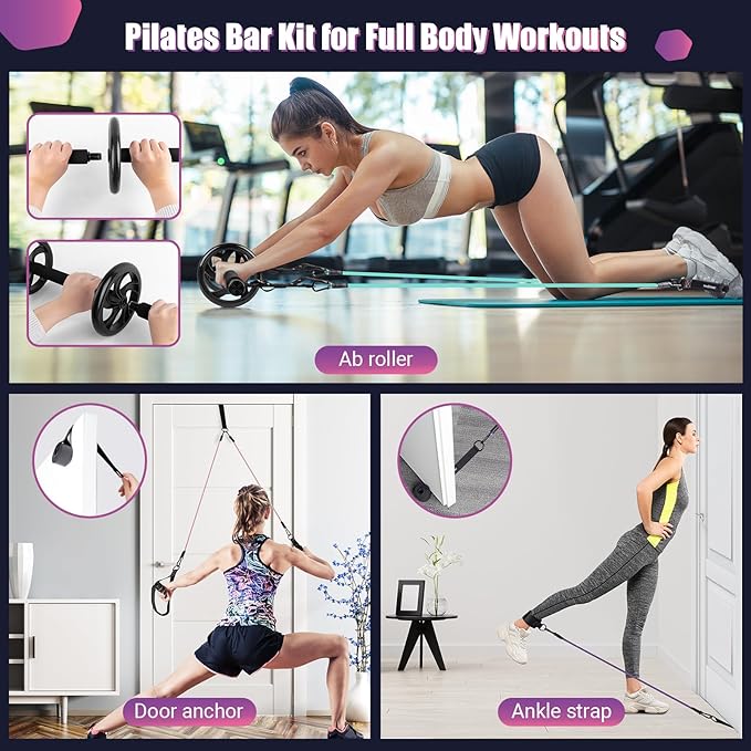 Pilates Bar Kit with Resistance Bands, Multifunctinal Exercise Bar with Ab Roller for Pilates/Abs/Weight Loss, Portable Home Gym Pilates bar kit for Full Body Training Women