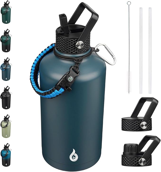 BJPKPK 2/3 Gallon Water Bottle with Straw Lid, 50oz, 64oz, 87oz, 128oz Large, Stainless Steel Water Bottles with 3 Lids and Paracord Handle, Double Wall Vacuum Metal Jug, Navy Blue