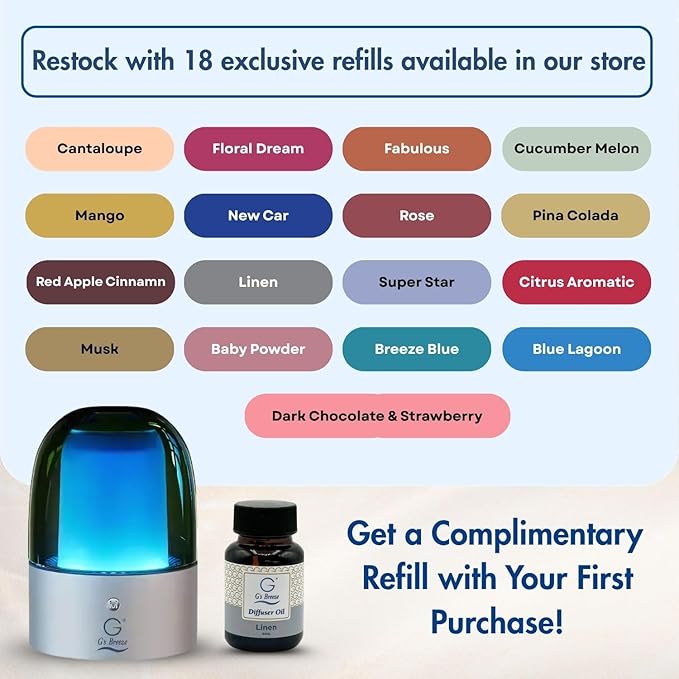 G's Breeze Smart Aroma Diffuser with 60ml Linen Scent Refill - Bluetooth & Wi-Fi App Control - LED Lighting & Adjustable Intensity - Long-Lasting Crisp Clean Cotton Fragrance for Home or Office
