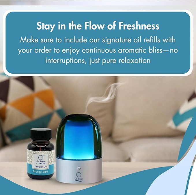 G's Breeze Smart Aroma Diffuser with 60ml Breeze Blue Scent Refill – Bluetooth & Wi-Fi App Control - LED Lighting, Adjustable Intensity - Long-Lasting Fresh Aquatic Fragrance for Home or Office