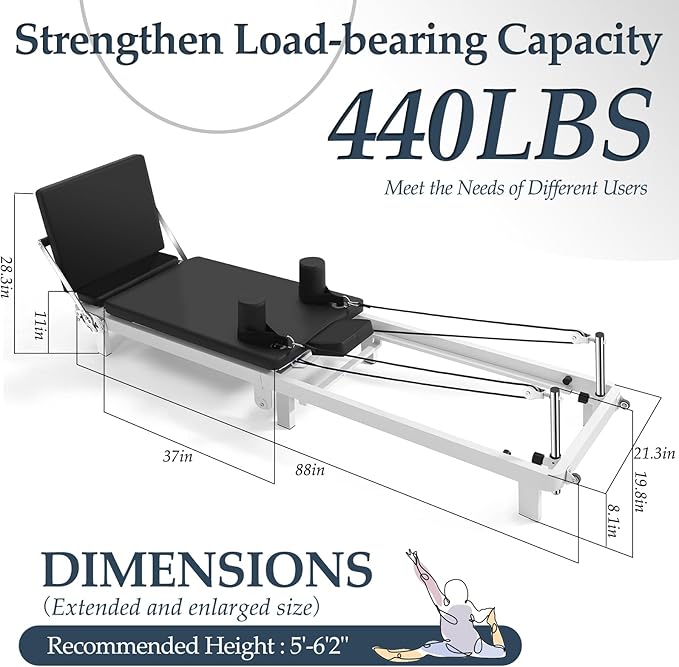 Foldable Pilates Reformer Machine,Extended 88in Metal Frame Pilates Equipment for Home Women Men Use Gym Workout & Advanced and Beginners Users , Dual Resistance System (Spring & Latex Tubes)